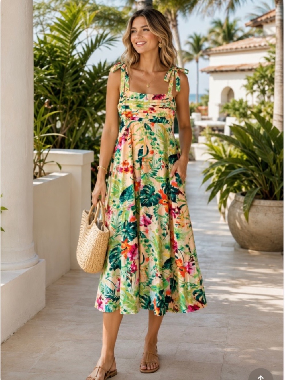Tropical Floral Midi Dress with Pockets